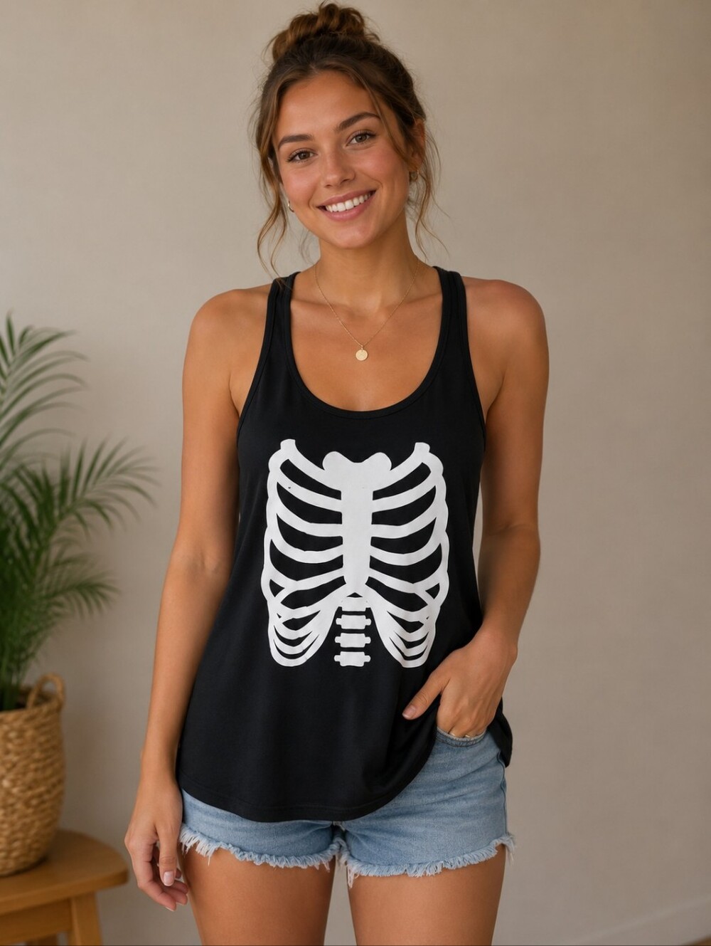 Tipsy Elves Black Tank with White Skeleton Design Size Medium